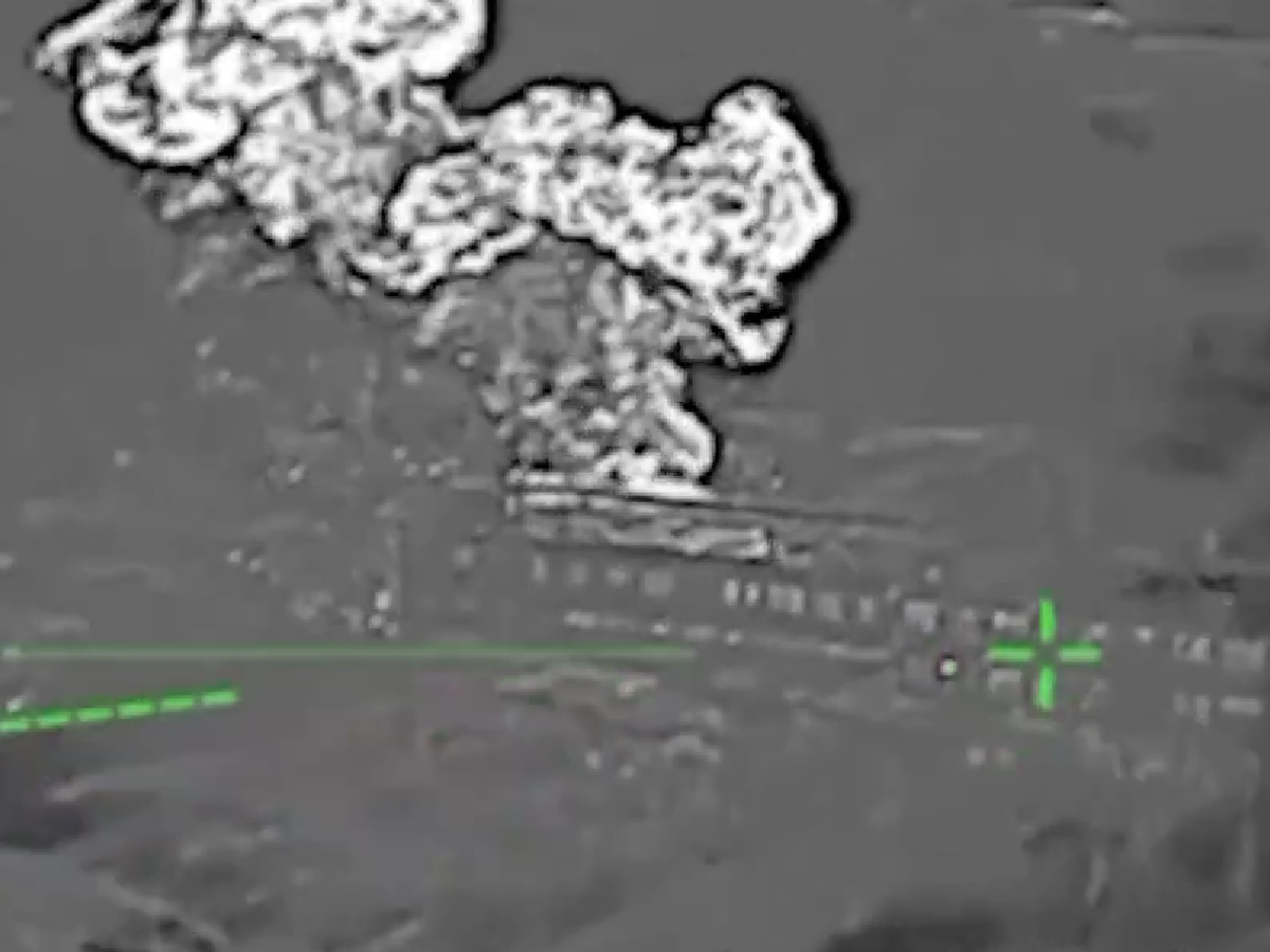 An explosion coming the drone strike on Russia's Rubicon UAV center. Screenshot