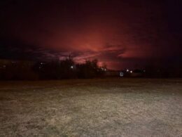 The glow of fires at Ust-Luga port in Leningrad Oblast, Russia, as seen from Estonia — the facility is about 35 km from the Estonian border. 27 March 2026. Photo: Exilenova+