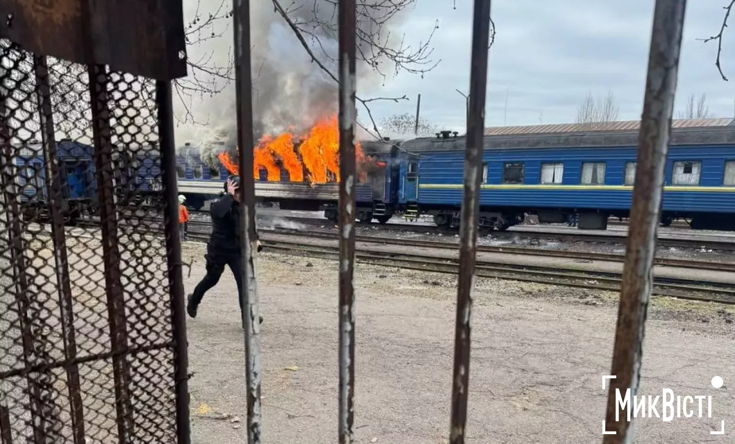 russia struck two trains within 24 hours — ukrzaliznytsia says rolling stock now primary target · post passenger carriage burns mykolaiv railway station after russian drone strike 4 2026 у