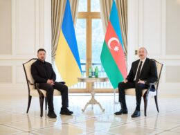 Ukrainian President Volodymyr Zelenskyy, during a meeting with Azerbaijani President Ilham Aliyev on 25 April 2026. Source: The Ukrainian Presidential Office