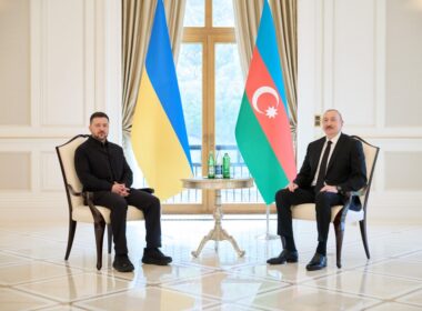 Ukrainian President Volodymyr Zelenskyy, during a meeting with Azerbaijani President Ilham Aliyev on 25 April 2026. Source: The Ukrainian Presidential Office