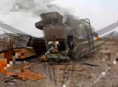 A tipped-over Ukrainian vehicle outside Pokrovsk