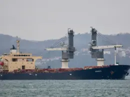 The Russian bulk carrier Abinsk transiting the Bosphorus Strait, loaded with stolen Ukrainian grain bound for Israel, 19 March 2026. Photo: Yörük Işık via Haaretz