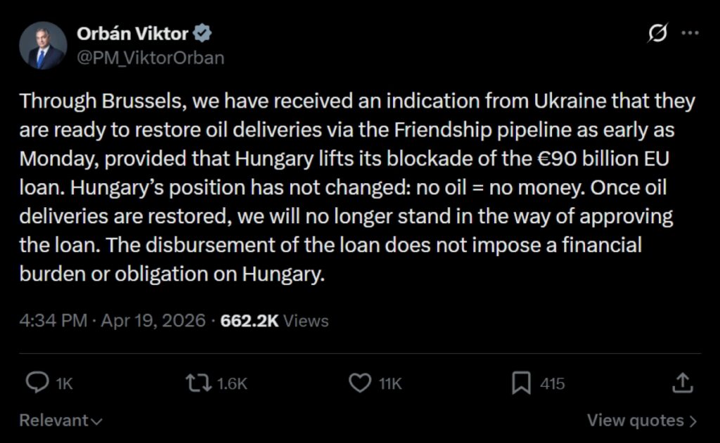 “no oil = no money”: viktor orbán’s post on x