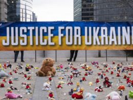iceland poland tip special tribunal russia's aggression 17 — minimum needed formal vote · post teddy bears candles laid out us-based nonprofit avaaz schuman roundabout brussels vigil ukrainian children deported