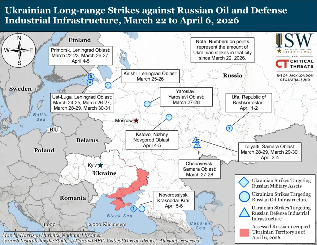 Ukrainian Long-range Strikes against Russian Oil and Defense Industrial Infrastructure from March 22 to April 6 2026