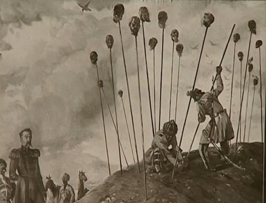Russian troops eagerly hoisting pikes spitted with the heads of fallen Circassians, with Russian general Gregory Zass savouring the gruesome/surrealistic act. Illustration: Dekabrist Lorer