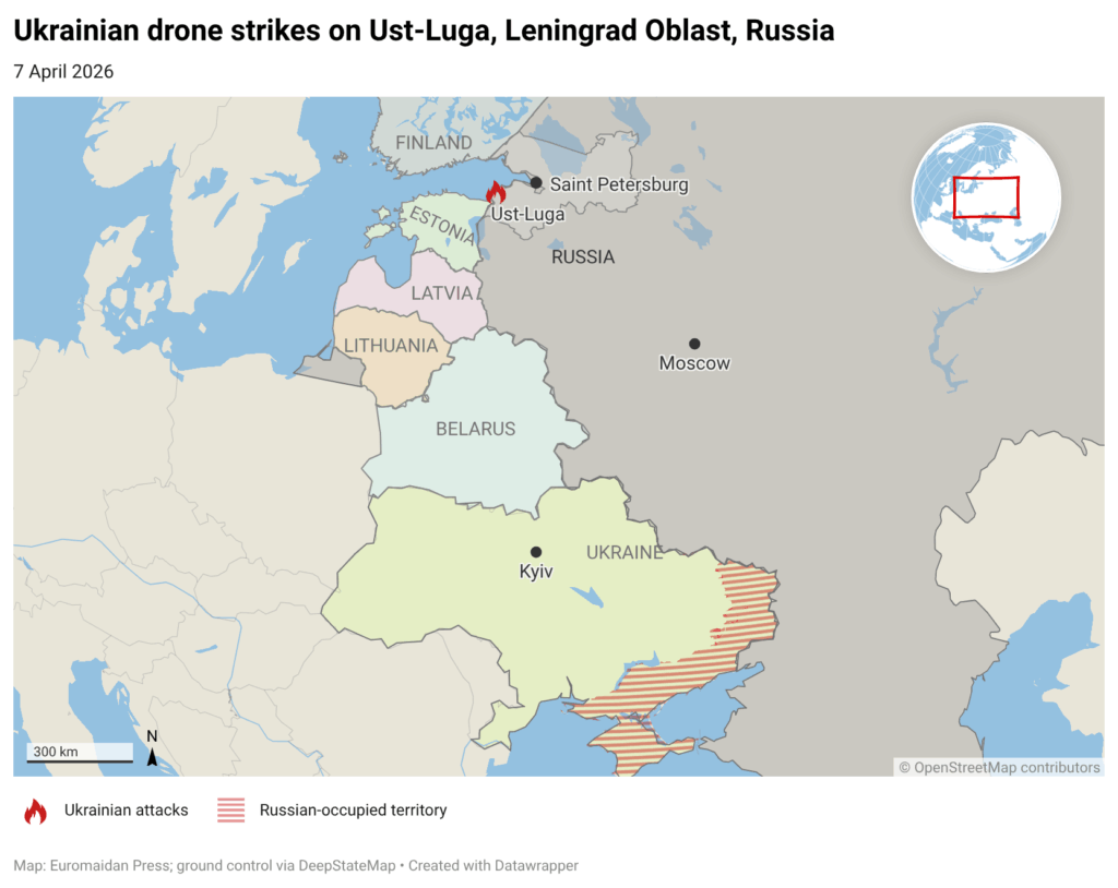 Ukrainian drone strikes on Ust-Luga, Leningrad Oblast, Russia 7 April 2026