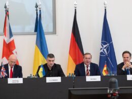 UK Defense Secretary John Healey, Ukrainian Minister of Defense Mykhailo Fedorov, German Defense Minister Boris Pistorius, and NATO Secretary General Mark Rutte during the Ramstein format meeting, on 15 April 2026. Source: Fedorov
