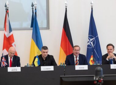 UK Defense Secretary John Healey, Ukrainian Minister of Defense Mykhailo Fedorov, German Defense Minister Boris Pistorius, and NATO Secretary General Mark Rutte during the Ramstein format meeting, on 15 April 2026. Source: Fedorov