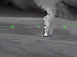 Aftermath of a Ukrainian drone struck on Russian military equipment, 16 April 2026. Screenshot from video: Robert 
