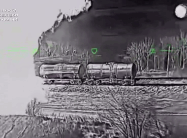 SBU Ukrainian drone strikes Luhansk Oblast Russian fuel tanker seen by a Ukrainian drone, with others on fire from previous strikes nearby.