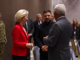 20th sanctions package EU Russia EU loan shadow fleet European Commission President Ursula von der Leyen, Ukrainian President Volodymyr Zelenskyy, and European Council President António Costa meeting in Cyprus, 23 April 2026. Screenshot from video: Volodymyr Zelenskyy on Telegram