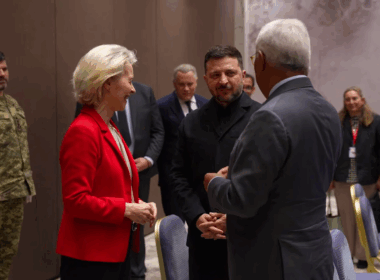 20th sanctions package EU Russia EU loan shadow fleet European Commission President Ursula von der Leyen, Ukrainian President Volodymyr Zelenskyy, and European Council President António Costa meeting in Cyprus, 23 April 2026. Screenshot from video: Volodymyr Zelenskyy on Telegram