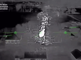 Fire at a site struck during Ukrainian attacks on Russian troop positions and ammunition storage in occupied Luhansk Oblast, 28 April 2026. Screenshot from video: SBU
