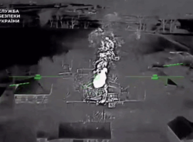 Fire at a site struck during Ukrainian attacks on Russian troop positions and ammunition storage in occupied Luhansk Oblast, 28 April 2026. Screenshot from video: SBU