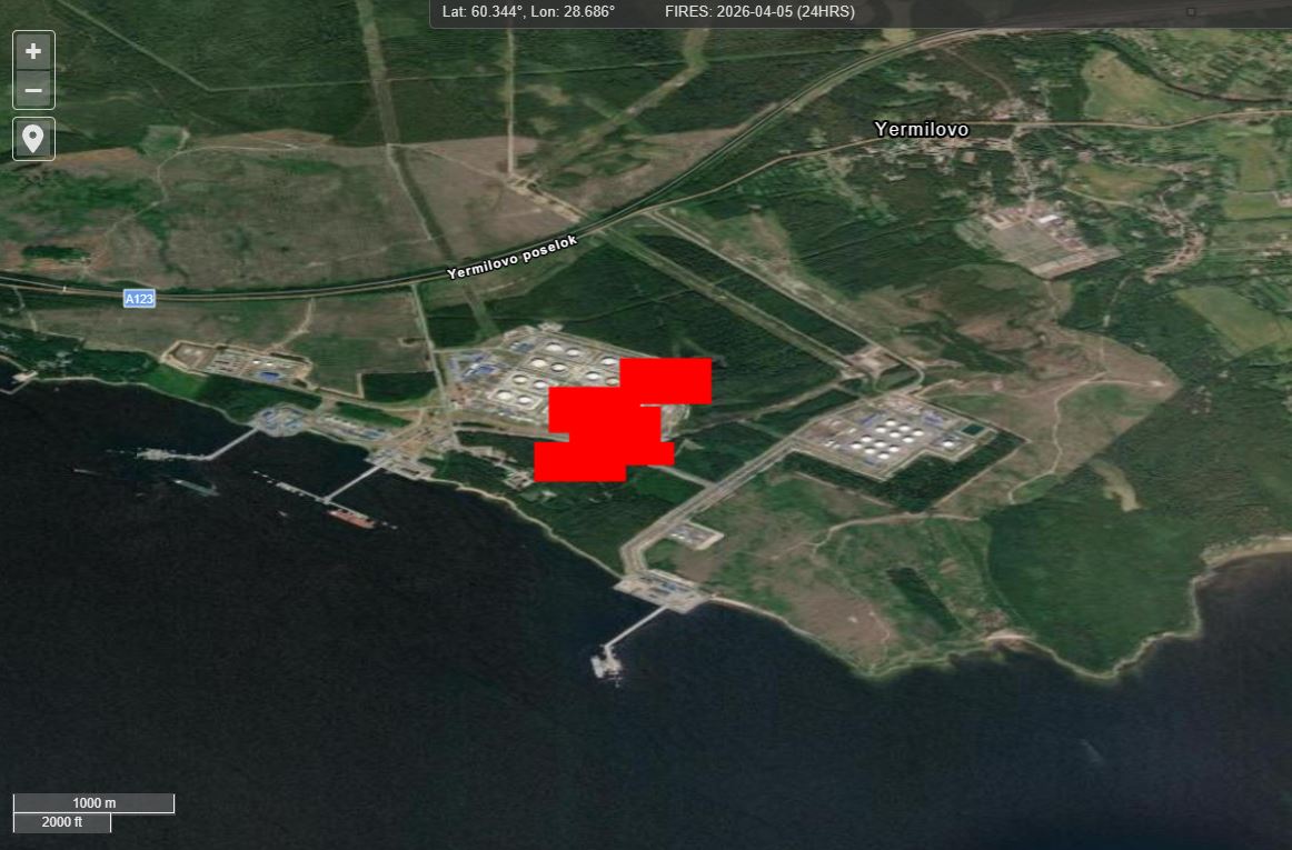 russia's primorsk governor said pipeline hit two hours later wasn't nasa showed fire tank farm · post firms satellite data active signatures oil export terminal leningrad oblast russia 5 morning