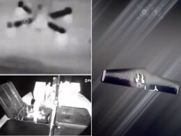 boat crew just shot down shahed ukraine says it's world first · post interceptor drones launching ukrainian naval drone's compartment thermal (top left) normal-light (bottom views view approaching moments before