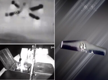 boat crew just shot down shahed ukraine says it's world first · post interceptor drones launching ukrainian naval drone's compartment thermal (top left) normal-light (bottom views view approaching moments before