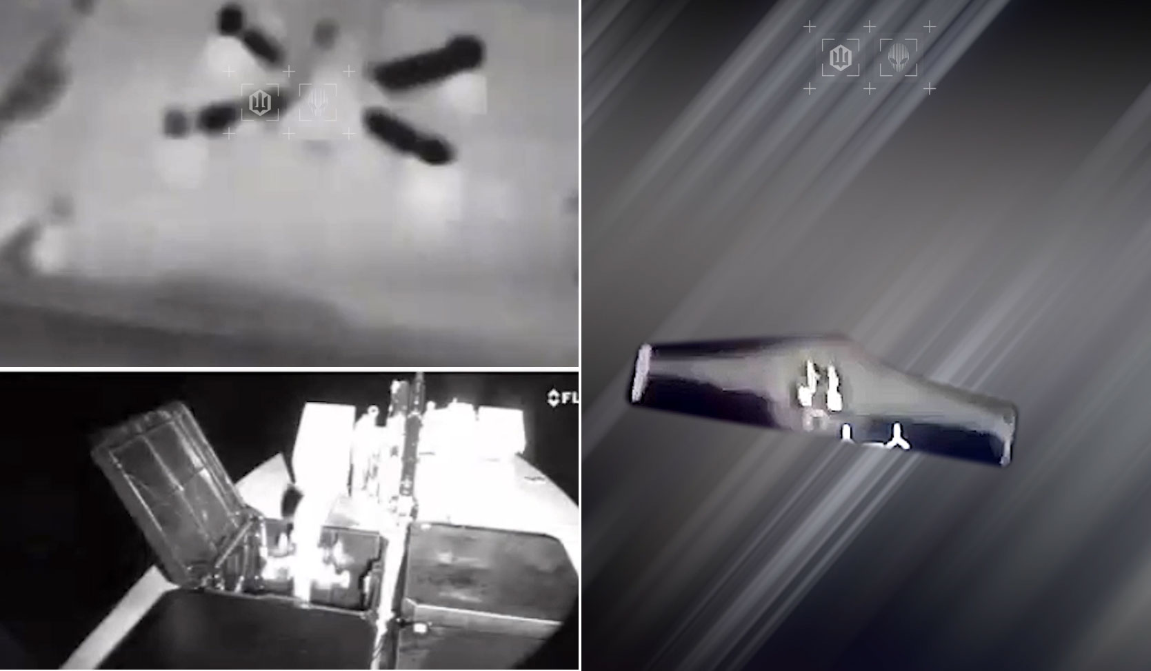 boat crew just shot down shahed ukraine says it's world first · post interceptor drones launching ukrainian naval drone's compartment thermal (top left) normal-light (bottom views view approaching moments before