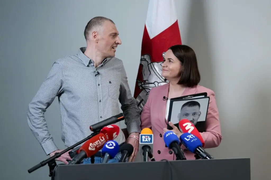 Siarhei Tsikhanouski and Sviatlana Tsikhanouskaya at a joint press conference in June 2025. Photo: Office of Sviatlana Tiskhanouskaya