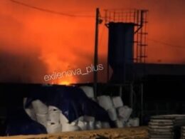 Reported explosion at Russia's Ust-Luga port during Ukrainian drone strikes. Photo: Exilenova+