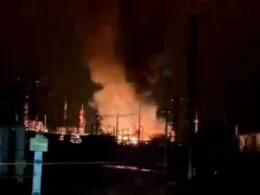 Fire at the “Krymskaya” oil-pumping station in Russia's Krasnodar Krai following Ukrainian drone strikes, 9 April 2026. Photo: Exilenova+