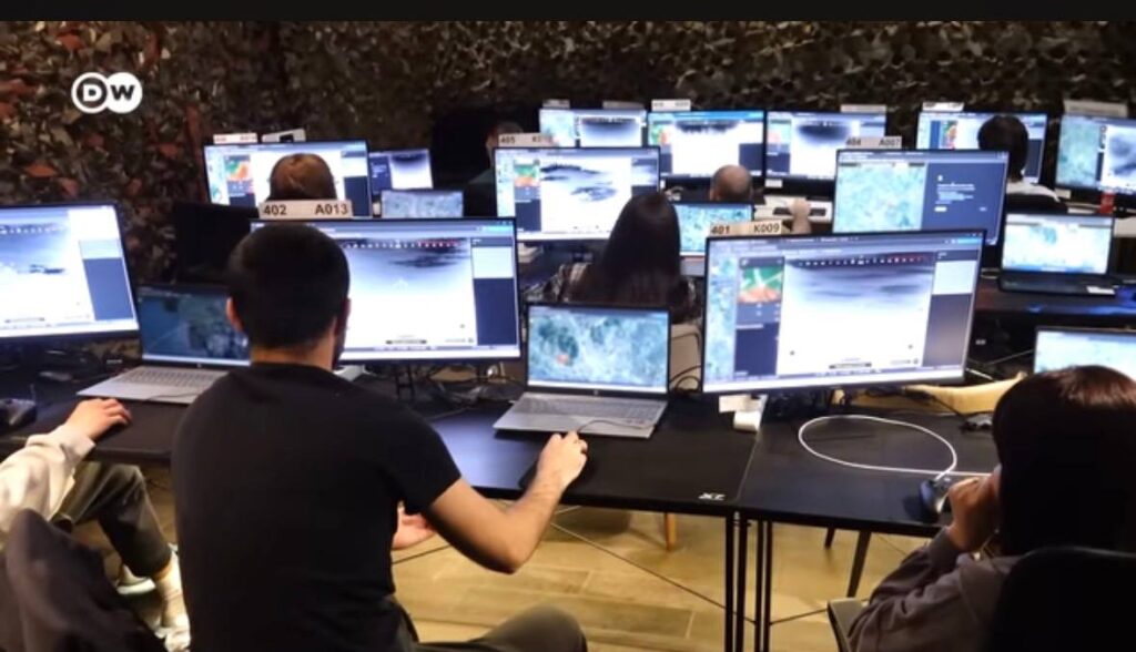 Operators managing a remote air defense system from a control room, monitoring and targeting incoming aerial threats. Photo: Serhii Beskrestnov