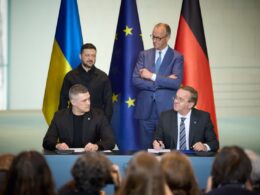 Ukrainian Defense Minister Mykhailo Fedorov and German Defense Minister Boris Pistorius signed the memorandum on cooperation, together with President Volodymyr Zelenskyy and German Chancellor Friedrich Merz on 14 April, 2026. Source: Fedorov