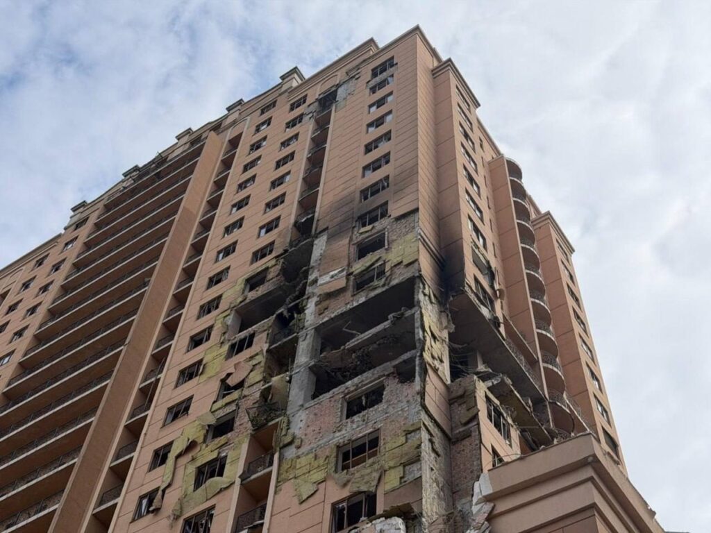 Damage in an unfinished building in occupied Donetsk following a Ukrainian drone strike, reportedly a Russian FSB facility, 22 April 2026. Photo: Exilenova+