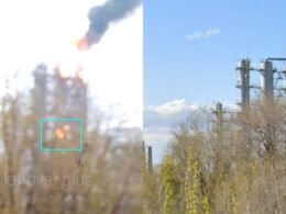 Fire at Novokuybyshevsk petrochemical complex in Russia’s Samara Oblast following reported strike, 23 April 2026. Image: Exilenova+