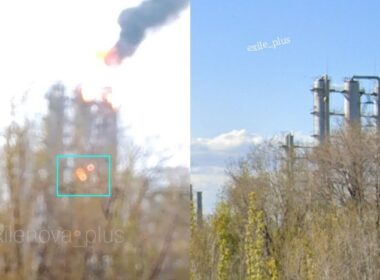 Fire at Novokuybyshevsk petrochemical complex in Russia’s Samara Oblast following reported strike, 23 April 2026. Image: Exilenova+