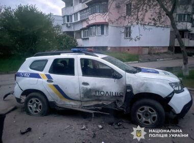 A Ukrainian police car, damaged by a Russian strike. Source: The National Police of Ukraine
