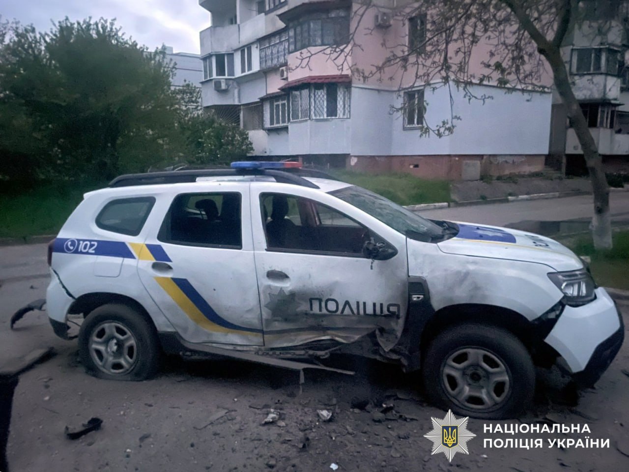 A Ukrainian police car, damaged by a Russian strike. Source: The National Police of Ukraine