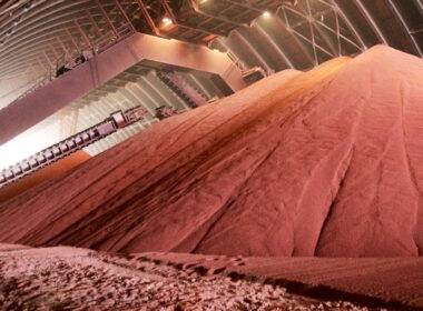 A stockpile of potash fertilizer, a sector central to the economy of Belarus and affected by international sanctions. Photo: Belarusian Potash Company (BPC)