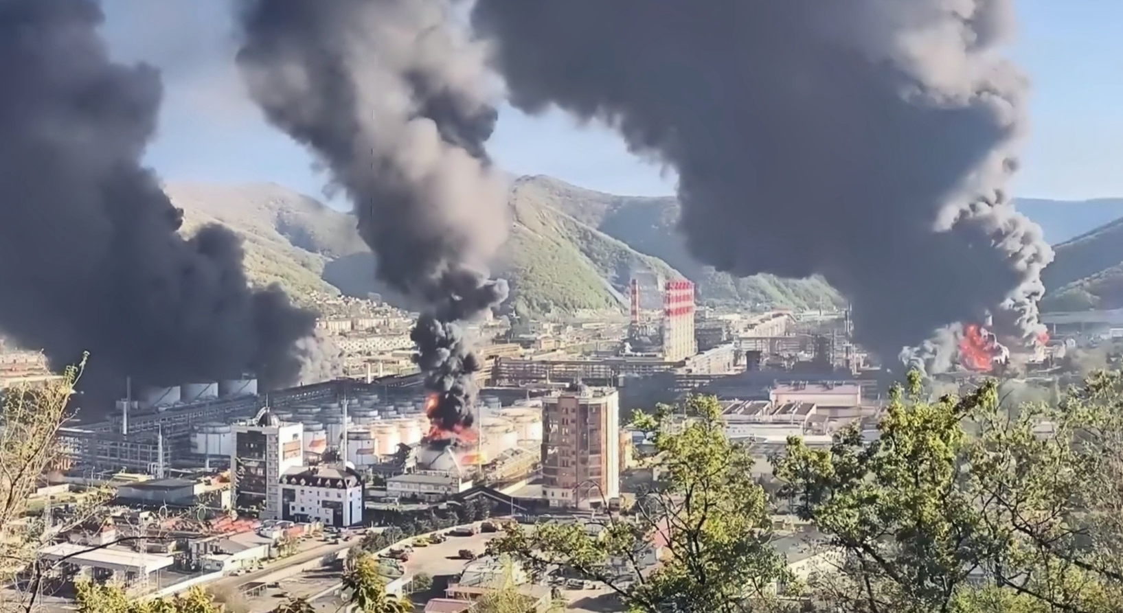 finishing off russia's seaborne oil exports tuapse refinery ablaze again · post panorama stitched video frames multiple fires across after ukraine's drone strike krasnodar krai russia 28 2026 tuapse-nice-again drones