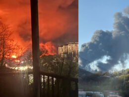 just stop oil ukraine's drones return tuapse — rosneft site where refinery black sea export pier one asset · post fire night (left) smoke still rising over city following morning