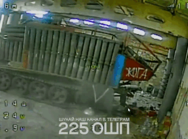 An up-armored Russian T-55 in Zaporizhzhia Oblast right before a drone strikes it.