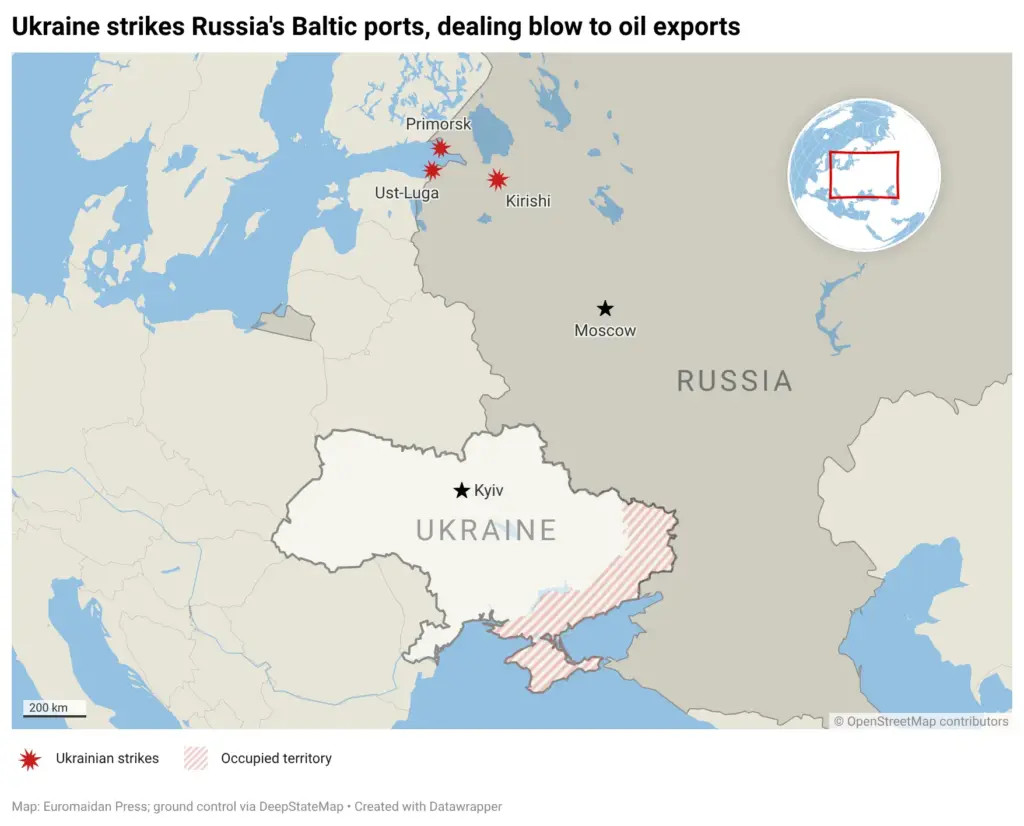 Ukraine strikes baltic ports Russia oil iran war