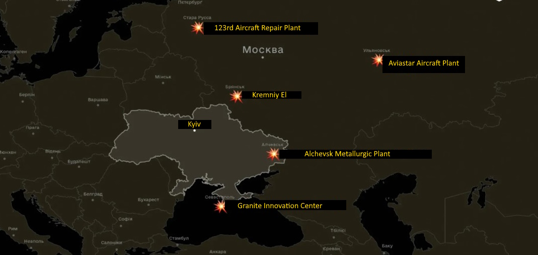 A map of Russian plants destruction by Ukrainian soldiers. Source: Defense Ministry of Ukraine