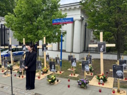 In Warsaw, on 9 May, activists unfurled an installation of crosses and photographs of Ukrainian children killed as a result of Russian aggression in front of the Russian Embassy. Source: UkrInform