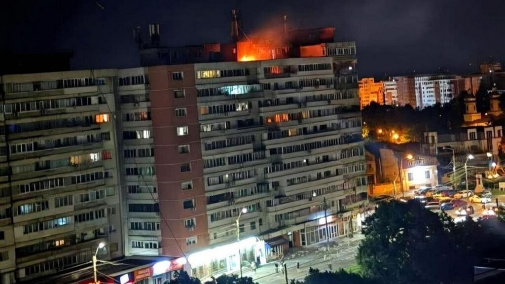 moscow's drone hits 10-story apartment block romania injuring two russia fires 232 uavs ukraine · post fire top-floor residential building galați after russian crashed 29 2026 пожежа у квартирі багатоповерхівки