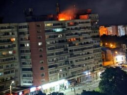 moscow's drone hits 10-story apartment block romania injuring two russia fires 232 uavs ukraine · post fire top-floor residential building galați after russian crashed 29 2026 пожежа у квартирі багатоповерхівки