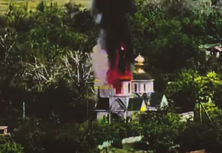 The fire is seen at the Church of the Nativity of the Blessed Virgin Mary in the village of Zakitne, Donetsk Oblast, after a Russian drone hit it. Source: The 81st Airmobile Brigade