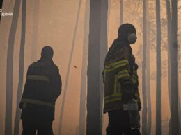 Firefighters are battling a massive wildfire in Ukraine’s Chornobyl exclusion zone, where more than 1,100 hectares have burned and mine contamination is limiting efforts to contain the blaze. Photo: DSNS