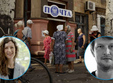 Ukrainian civilians queuing at post office with overlaid photos of war crimes investigators Dmytro Kovalchuk and Kristin Rosella