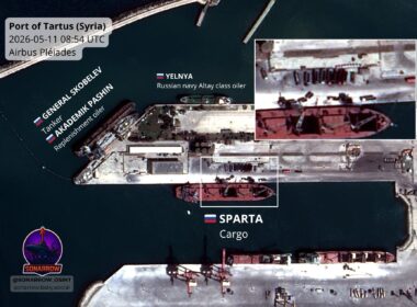 Russian cargo ship SPARTA unloading at Tartus naval base in Syria with Russian escort warships, satellite imagery analyzed by GeoInsider and SONARROW showing renewed Russian deliveries after Assad’s fall.