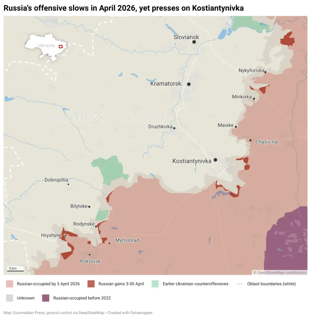 Russian offensive April Kostiantynivka Pokrovsk occupation 