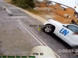 UN vehicle in Ukraine's Kherson, seen from a Russian FPV drone moments before strike, 15 May 2026. Screenshot from video, via Militarnyi