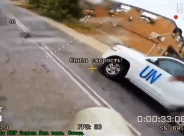 UN vehicle in Ukraine's Kherson, seen from a Russian FPV drone moments before strike, 15 May 2026. Screenshot from video, via Militarnyi